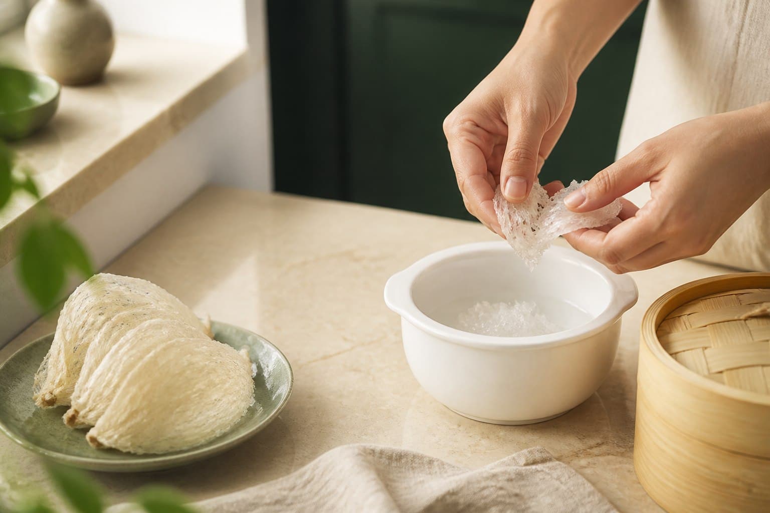 Đôi tay chuẩn bị yến để chưng trong căn bếp sáng